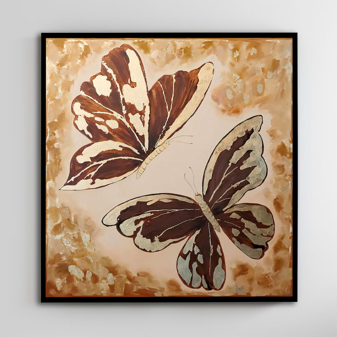 Two Brown Butterflies Gold Accents Warm Beige Nature Art Poster