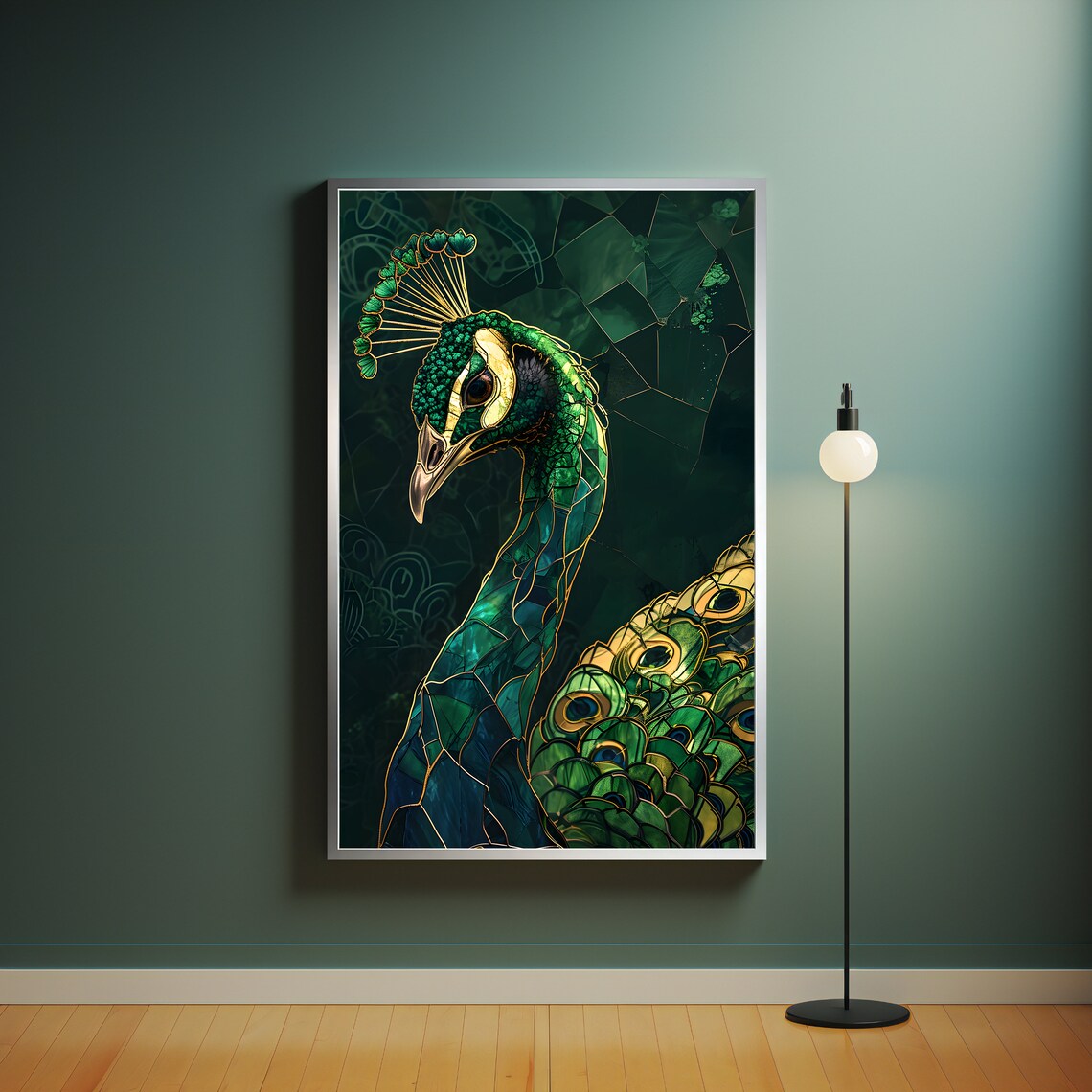 Emerald Green Mosaic Peacock Portrait Gold Feather Detail Wall Art - Image 4