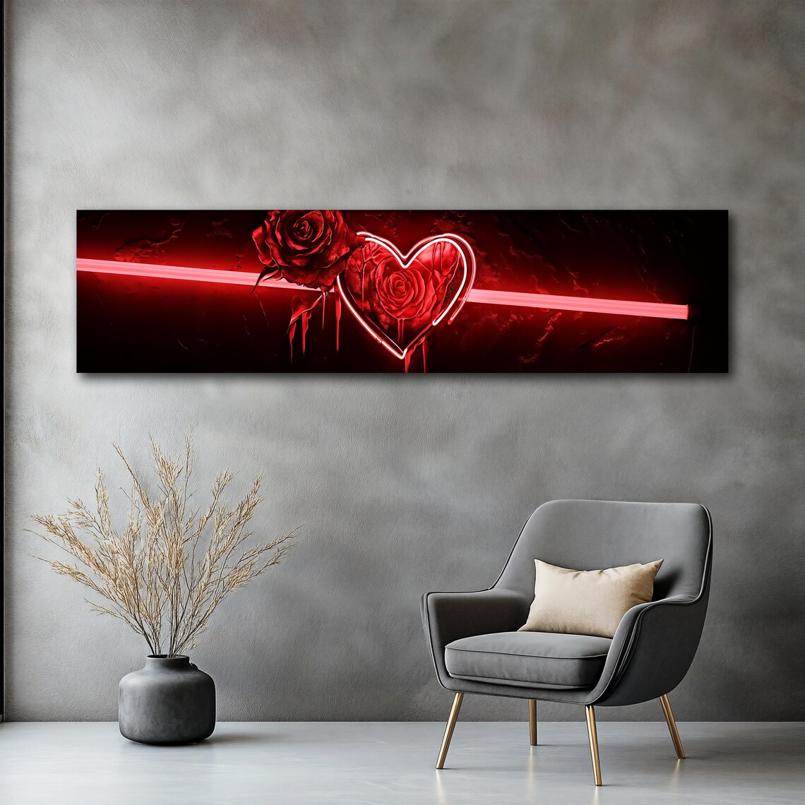 Red Neon Heart and Rose Romantic Panoramic Modern Wall Art Poster - Image 2