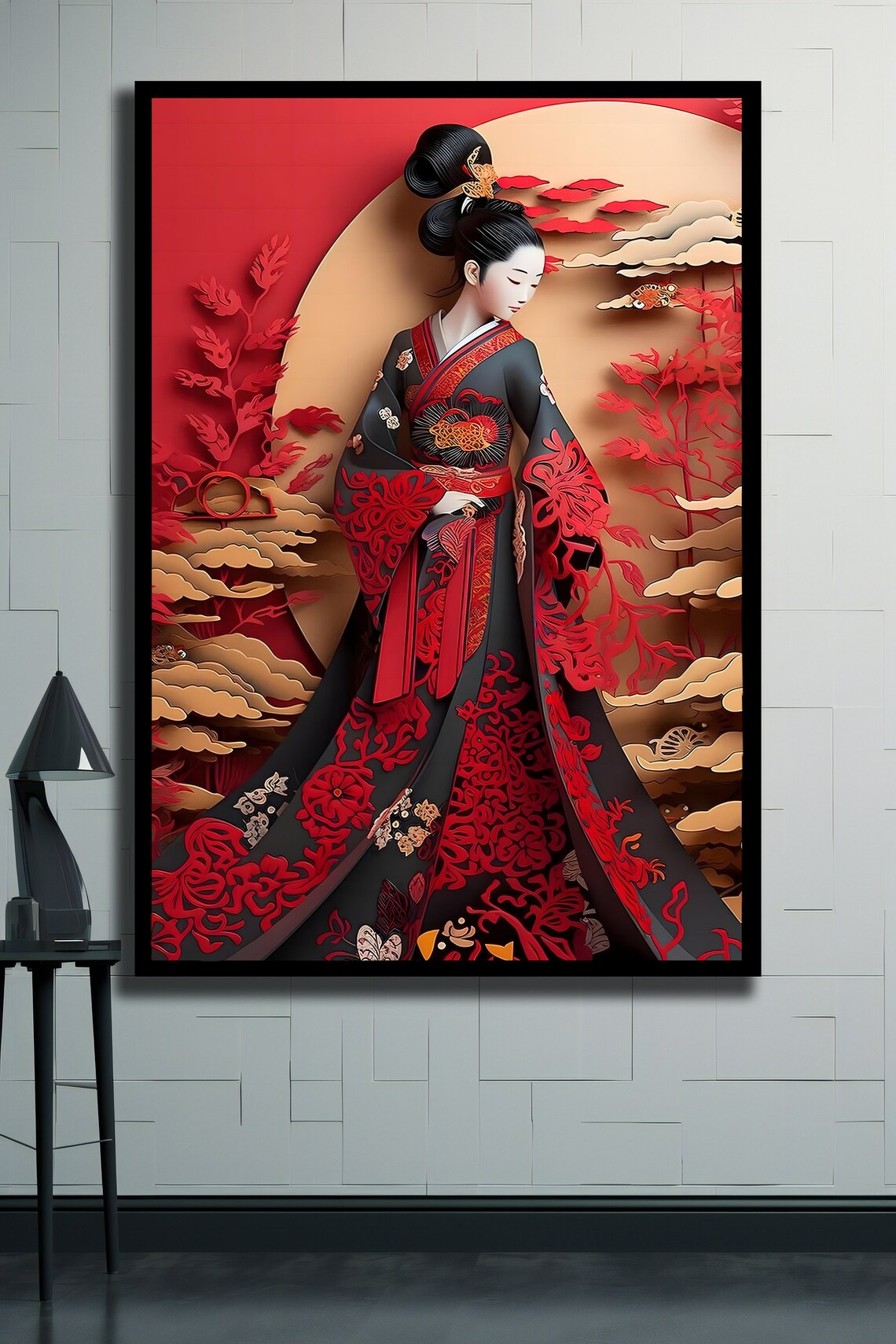 Japanese Geisha Red Kimono Paper Cut Style Illustration Art Poster - Image 2
