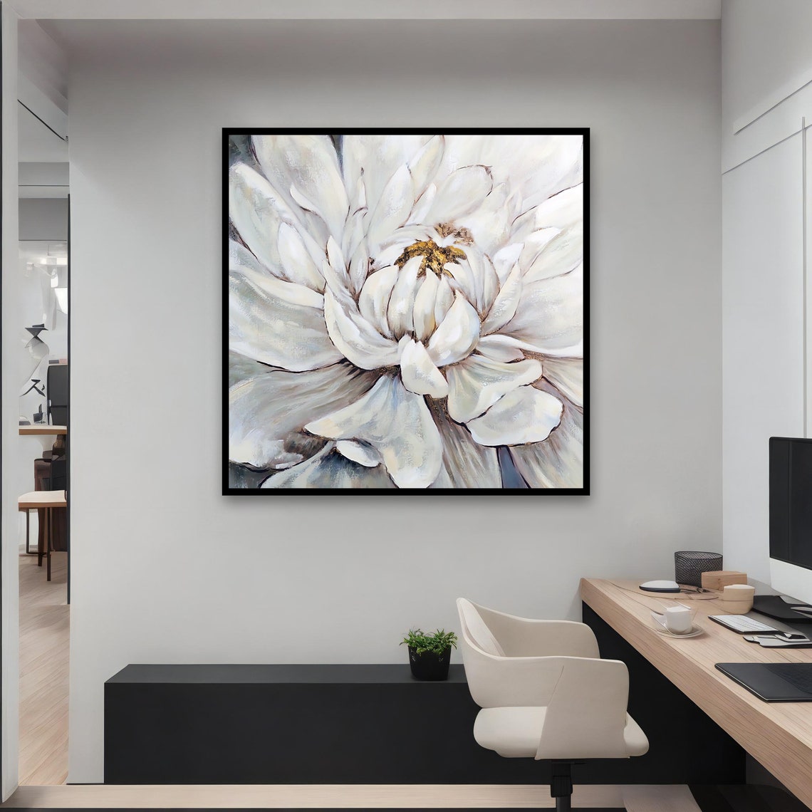 Elegant White Flower Textured Modern Botanical Close Up Wall Art - Image 3