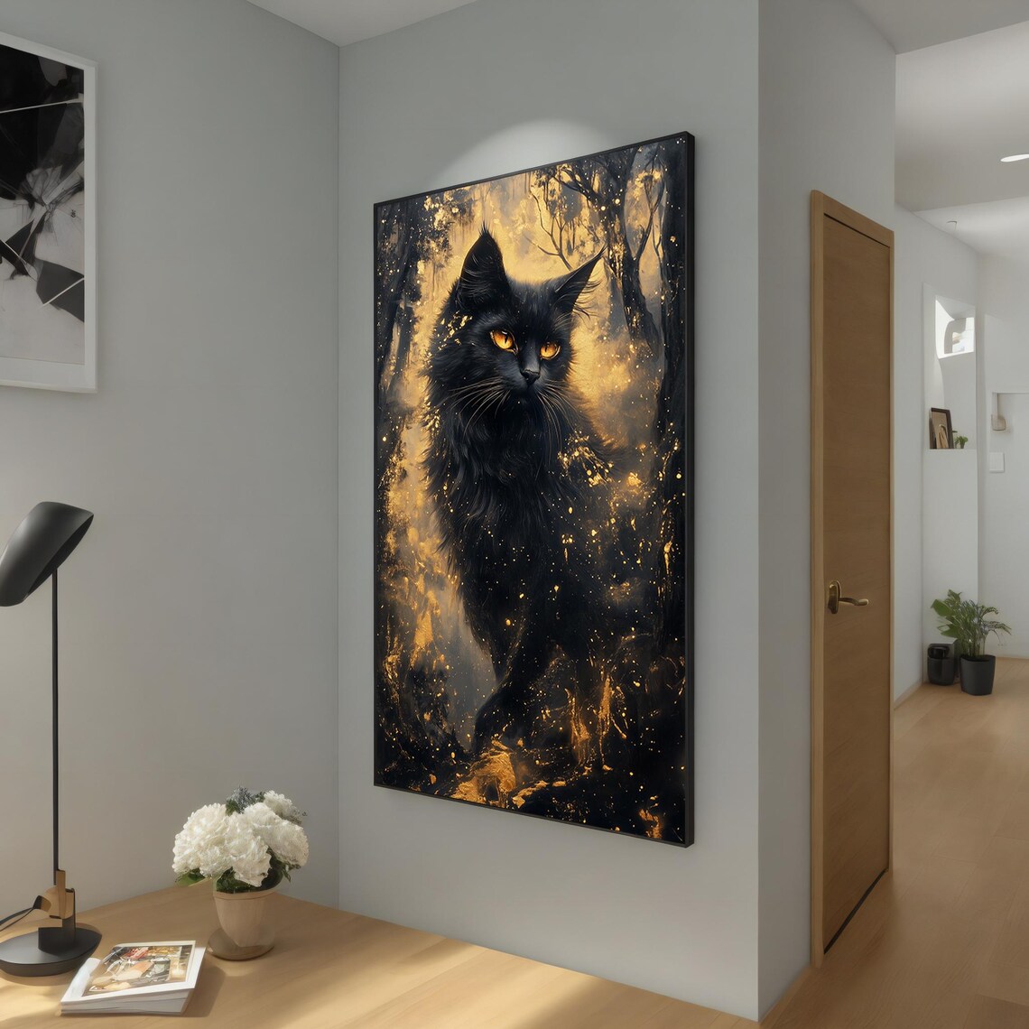 Mystical Black Cat in Golden Ember Forest Fantasy Feline Art Poster