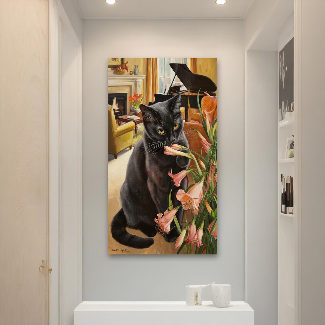 Black Cat with Pink Lilies Cozy Room Realistic Pet Portrait Art Poster - Image 4