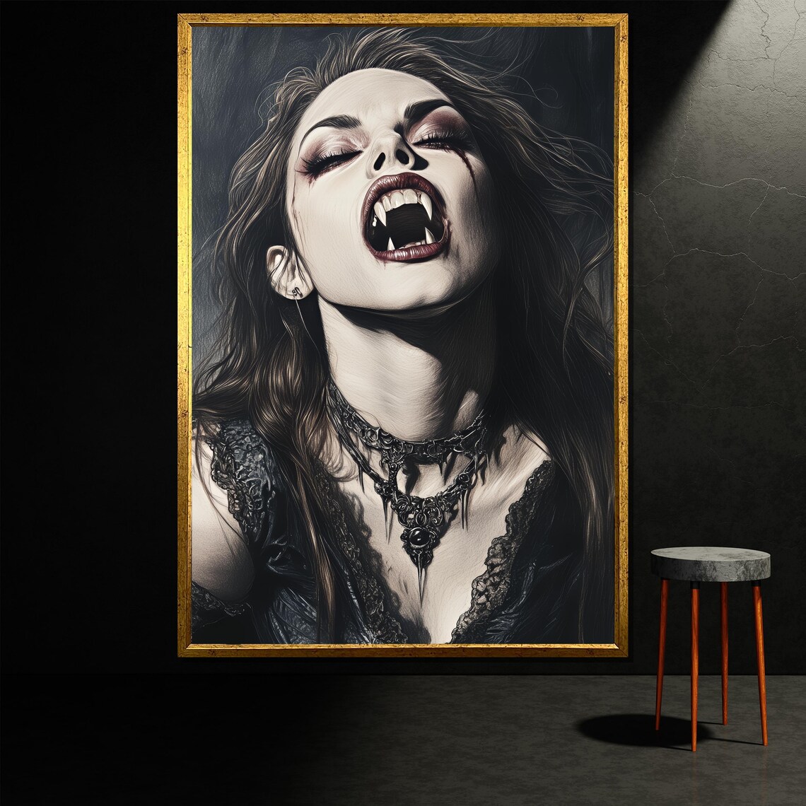 Gothic Vampire Woman Portrait Fangs Dark Fantasy Horror Art Print
