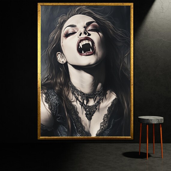Gothic Vampire Woman Portrait Fangs Dark Fantasy Horror Art Print