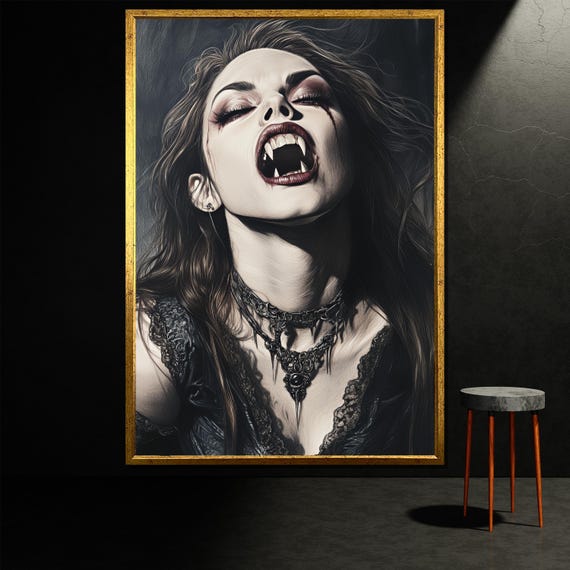 Vampire Woman Painting Gothic Dark Art Horror Aesthetic Wall Decor Fantasy Female Portrait Modern Art Unique Gift Idea