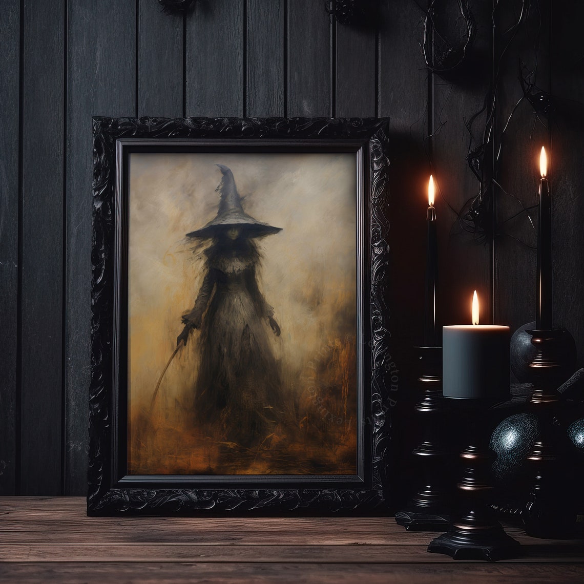 Shadowy Tall-Hatted Witch Walking Through Misty Golden Field Poster - Image 7