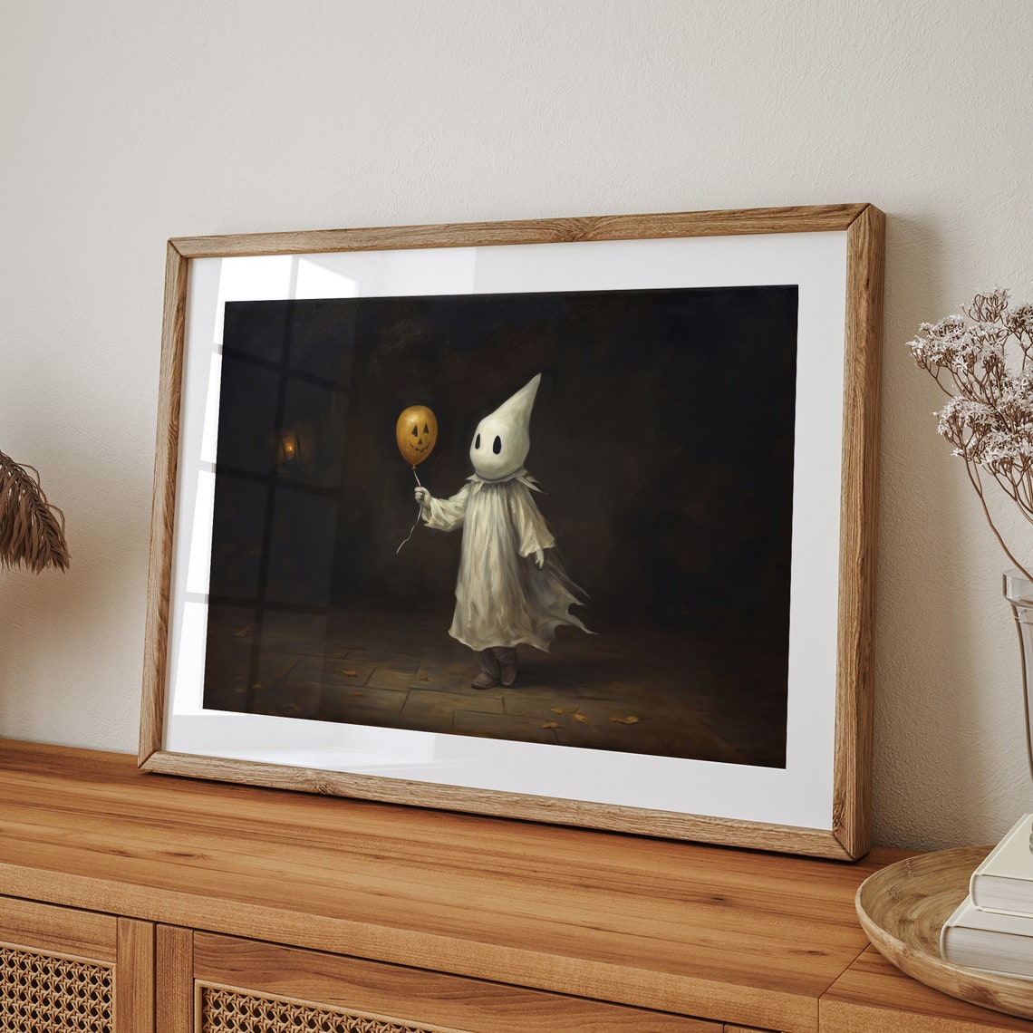 Little Ghost Child Holding Pumpkin Balloon Dark Halloween Wall Art - Image 5