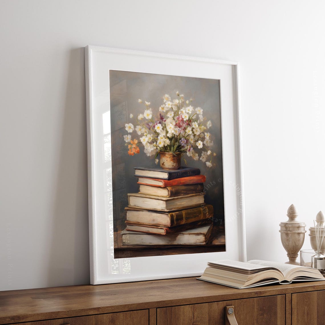White Wildflower Bouquet in Brass Pot on Books Still Life Art Print - Image 4