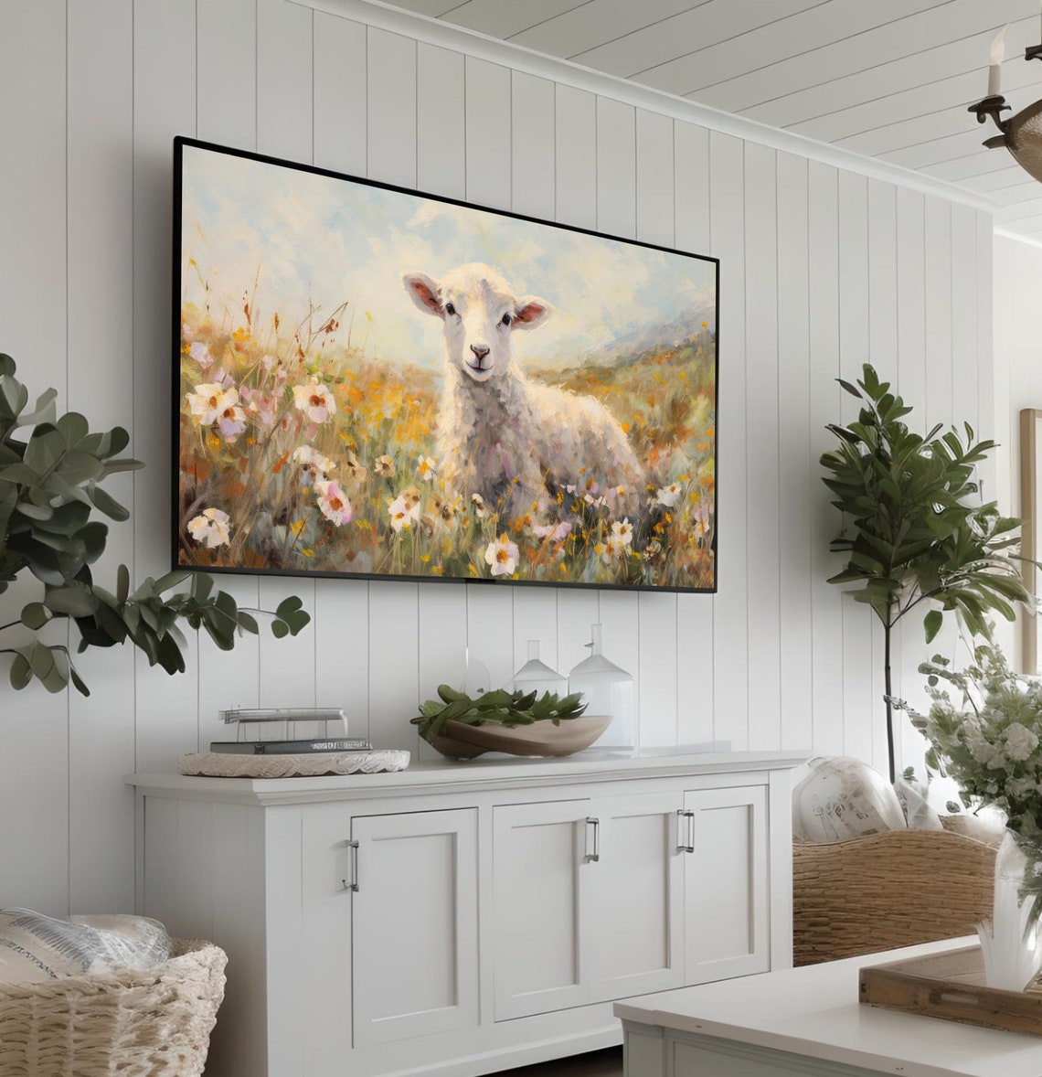 White Lamb in Wildflower Meadow Spring Scene Frame TV Art Poster - Image 3