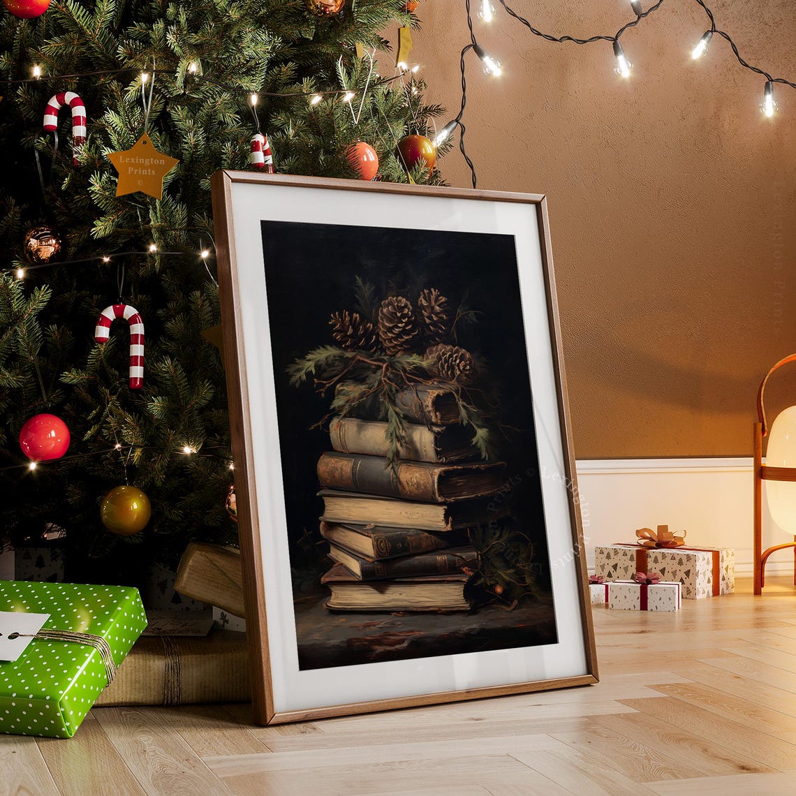 Antique Books Stack Pine Cones Dark Academia Still Life Poster - Image 5