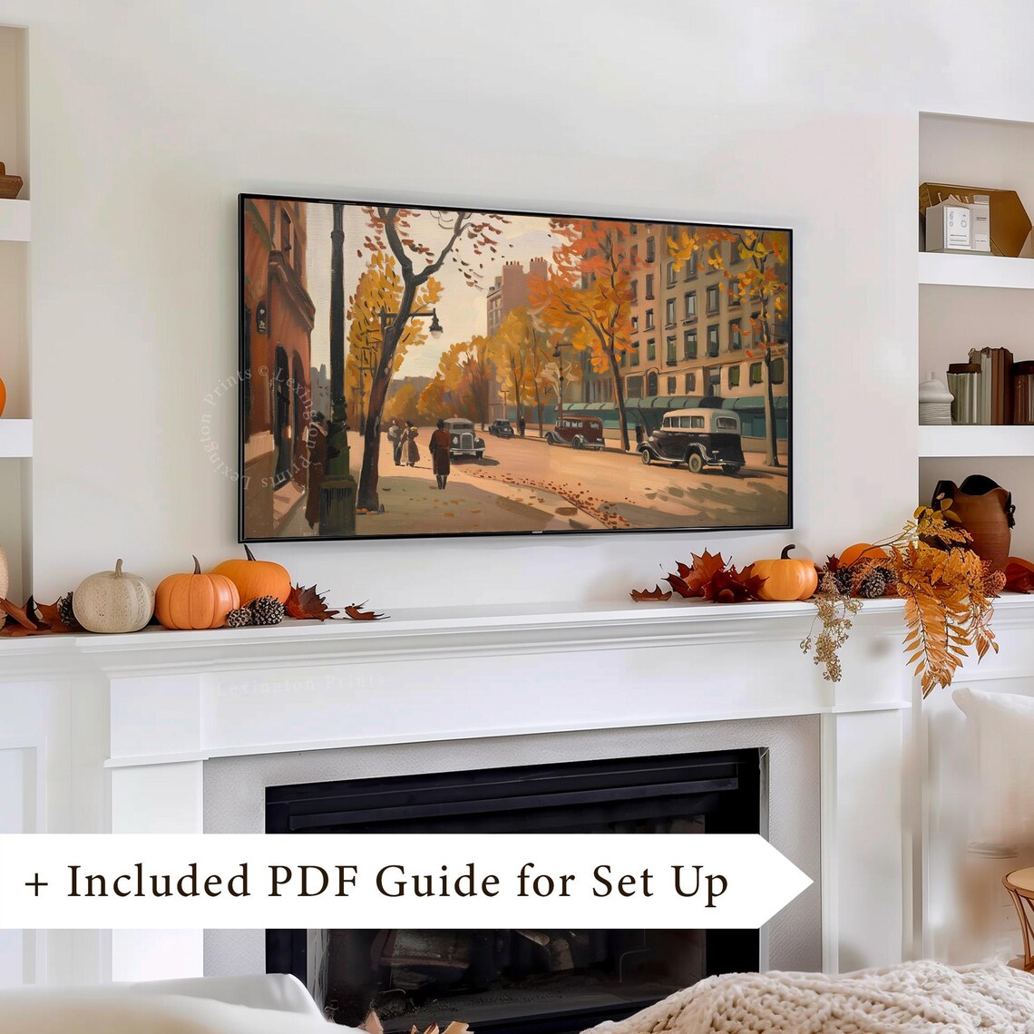 Retro Fall City Street with Vintage Cars Autumn Frame TV Art Print - Image 8