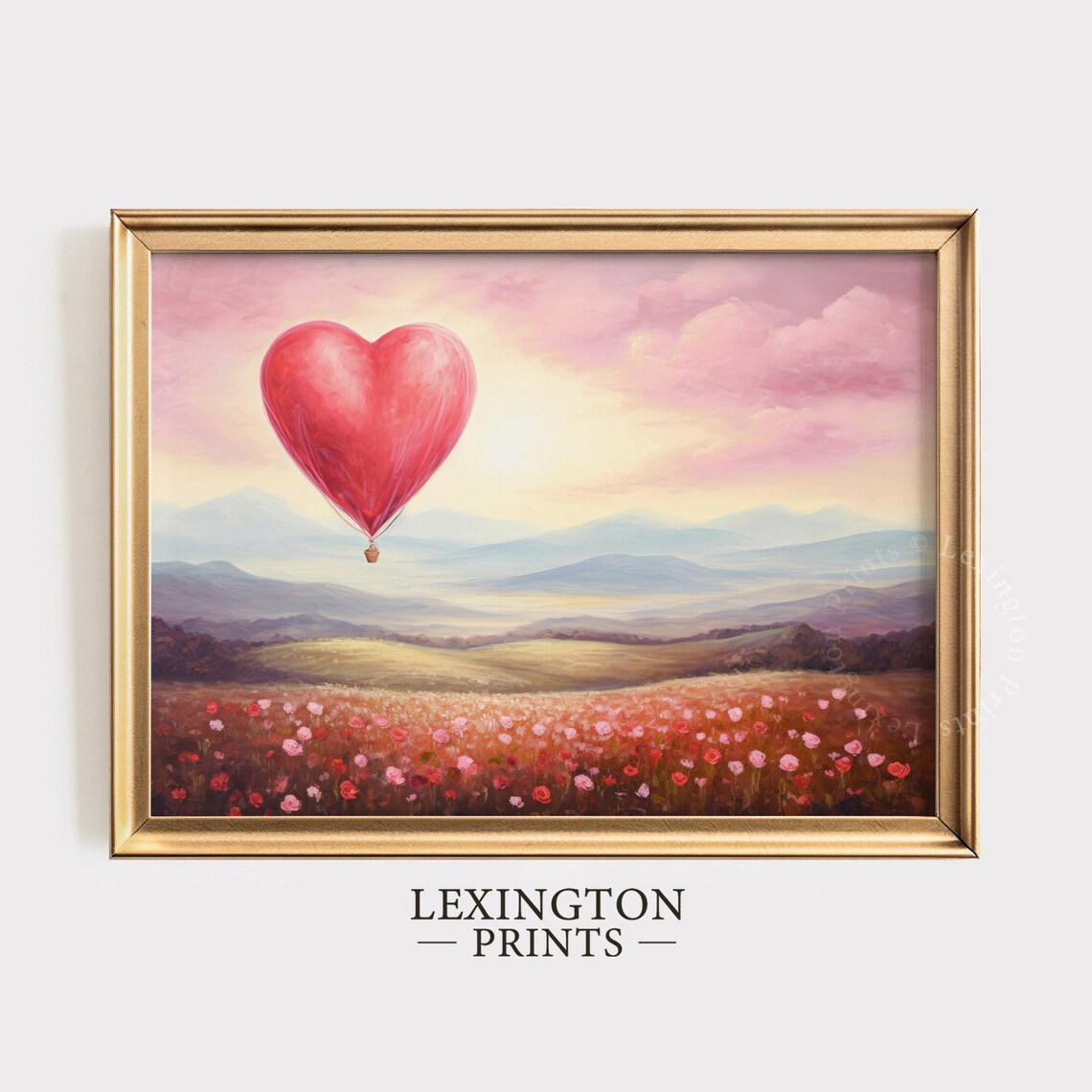 Red Heart Hot Air Balloon Floating Over Pink Flower Field Art Print - Image 6