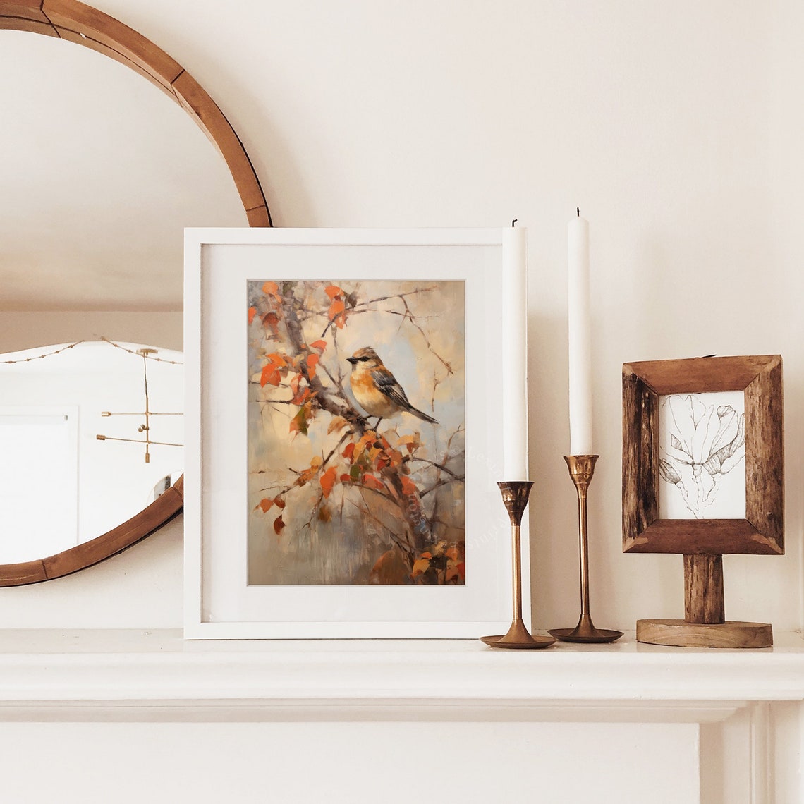 Autumn Songbird Orange Leaves Branch Vintage Bird Painting Poster - Image 4