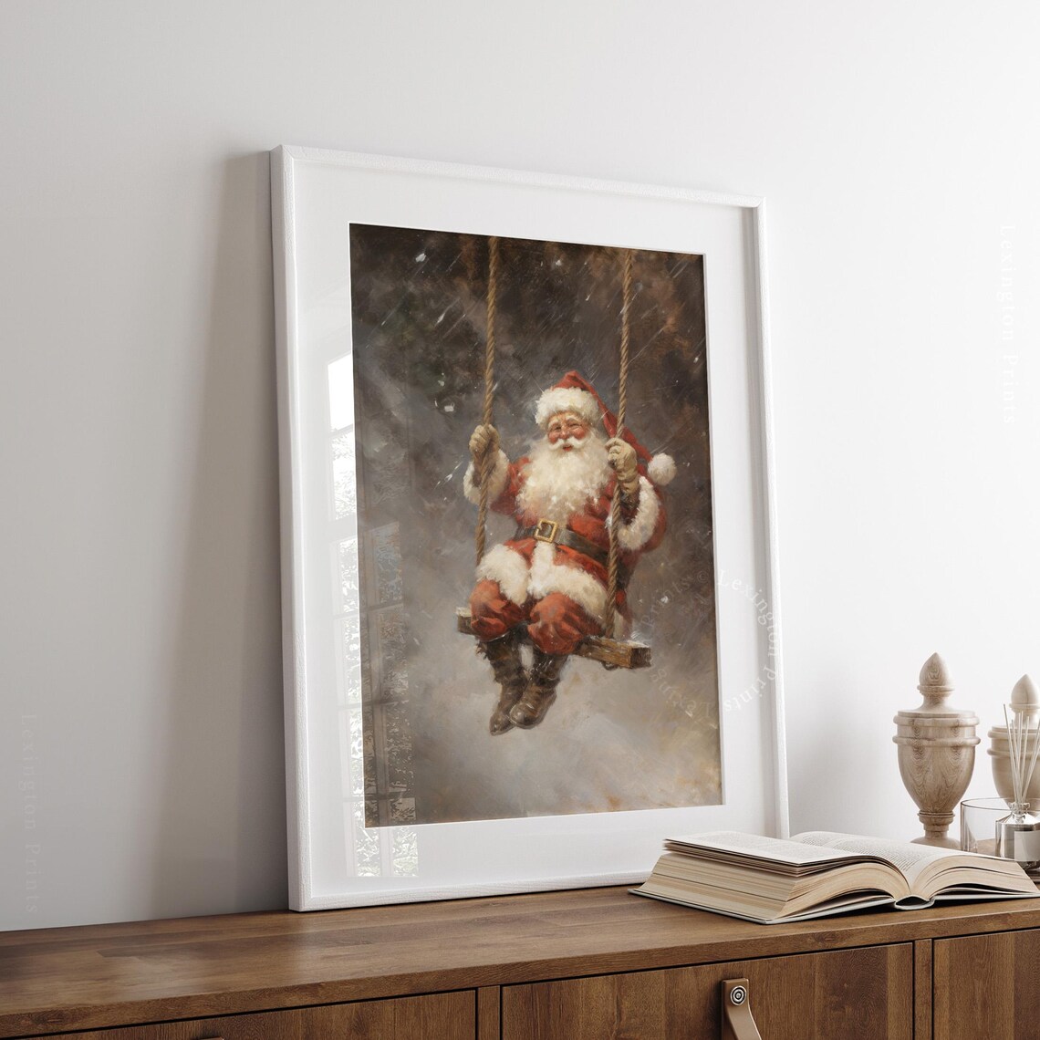 Vintage Santa Claus Swinging in Snow Oil Painting Christmas Poster - Image 3