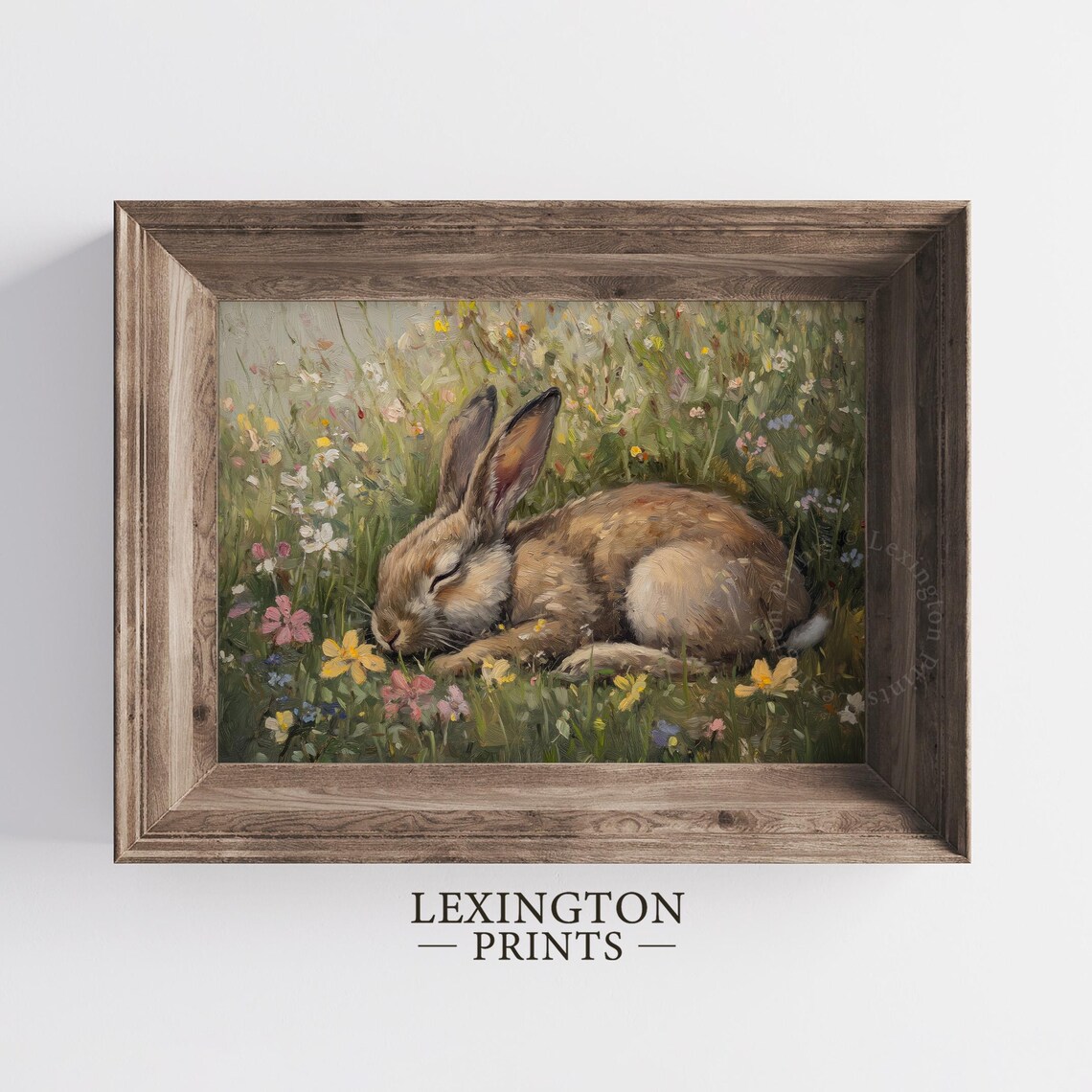 Sleeping Brown Rabbit Resting in a Wildflower Meadow Painting Art Print - Image 2