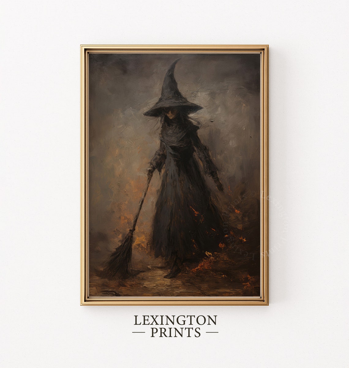 Dark Witch In Cloak Holding Broomstick Moody Halloween Oil Poster - Image 2