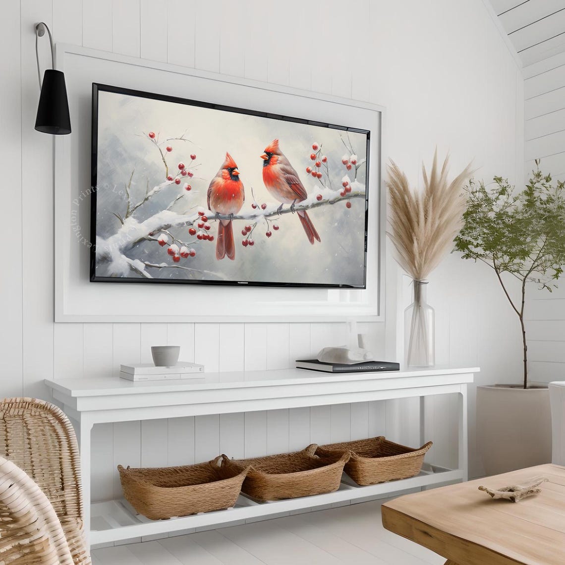 Two Red Cardinals perched on Snowy Branch Winter Bird Poster - Image 3