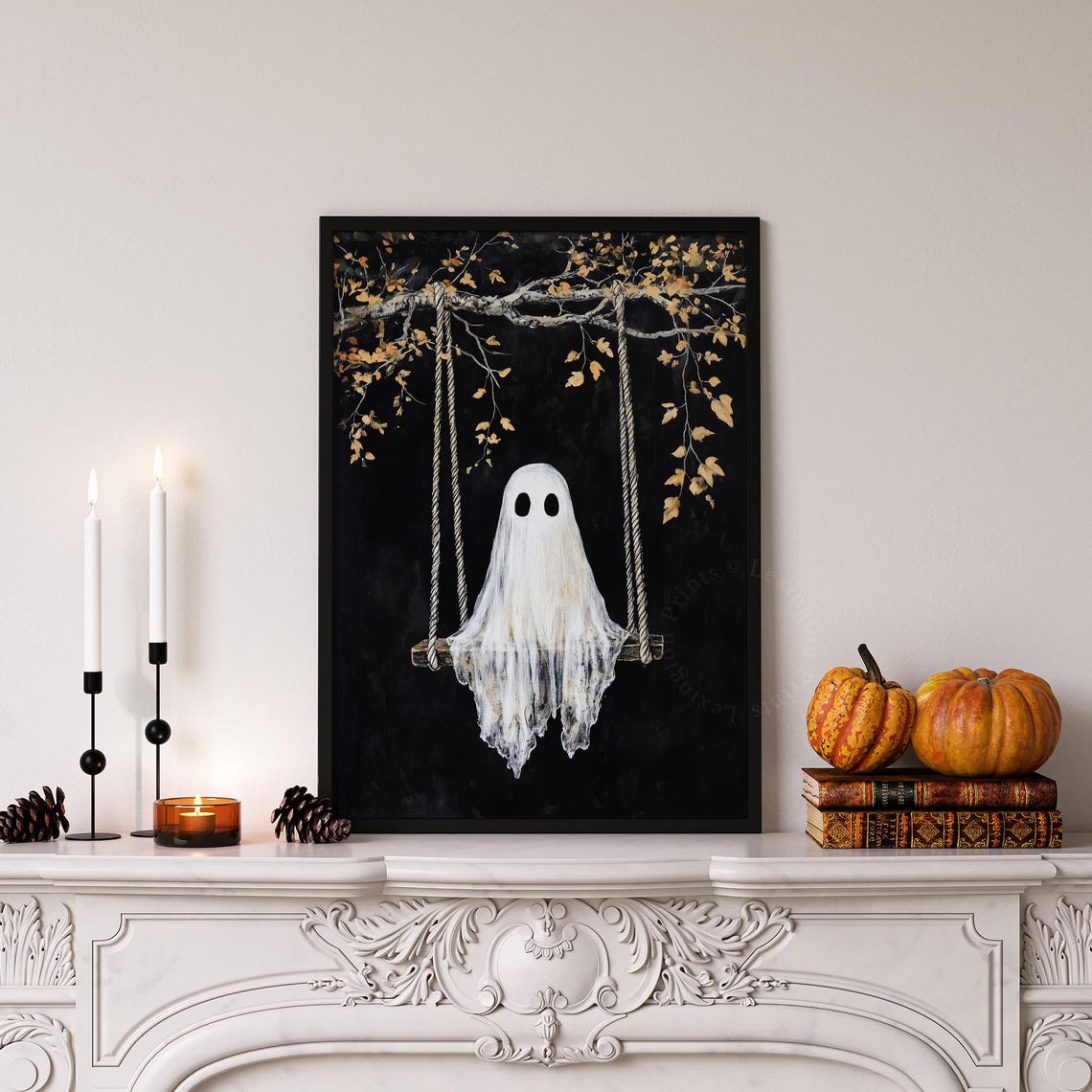 Cute White Ghost on a Swing Under Autumn Tree Halloween Poster - Image 8