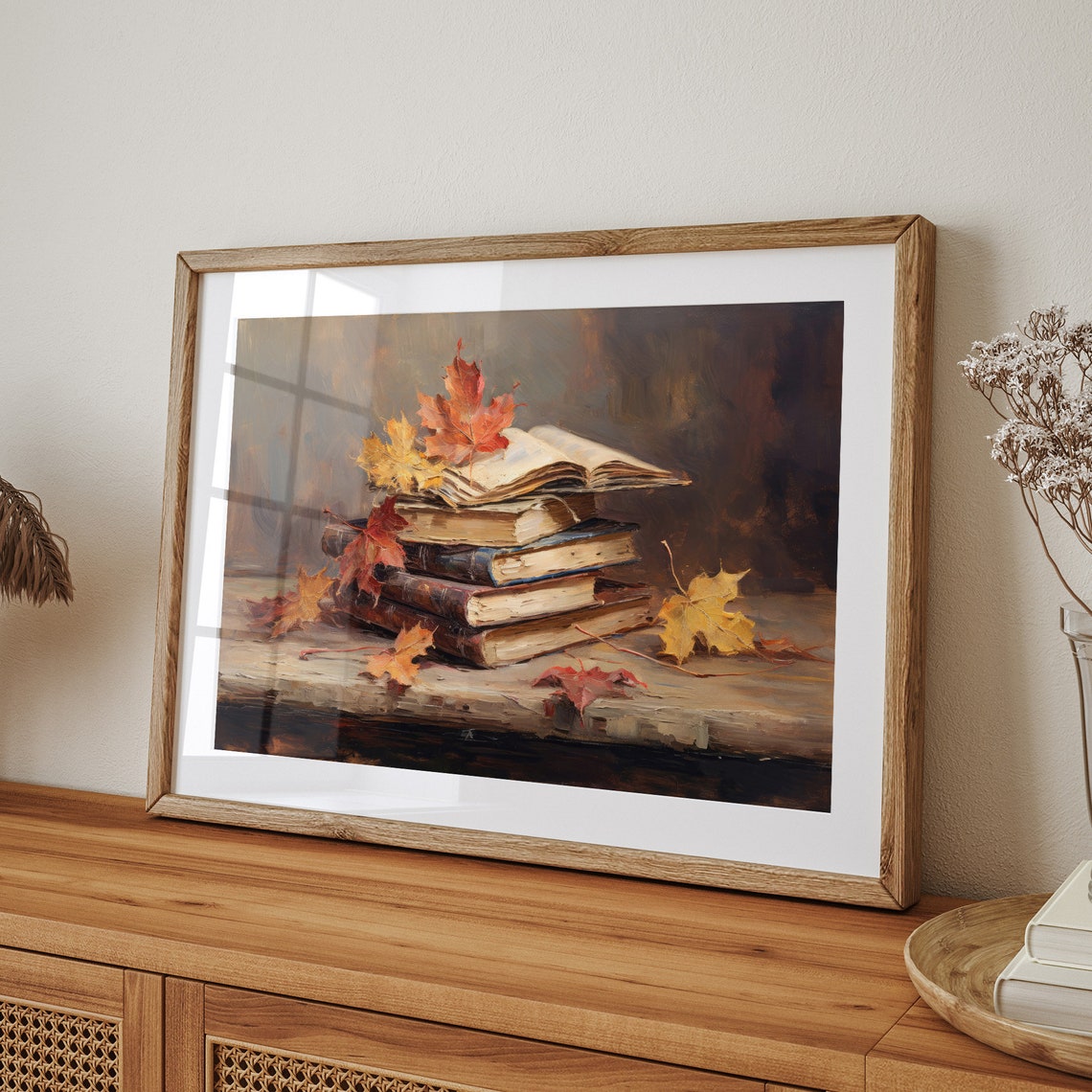 Stack of Books with Autumn Maple Leaves Still Life Fall Reading Poster - Image 4