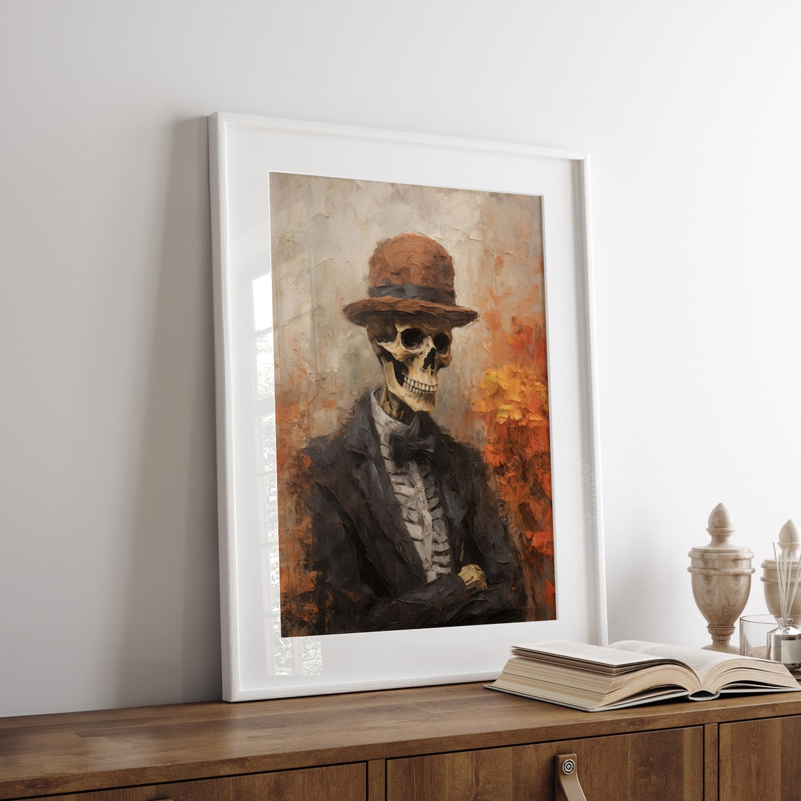 Skeleton in Bowler Hat and Suit Vintage Portrait Halloween Wall Art - Image 3