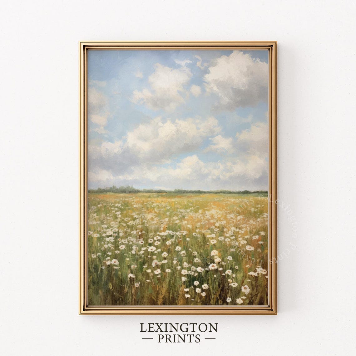 White Daisy Meadow Bright Blue Sky Clouds Cheerful Spring Field Poster - Image 6