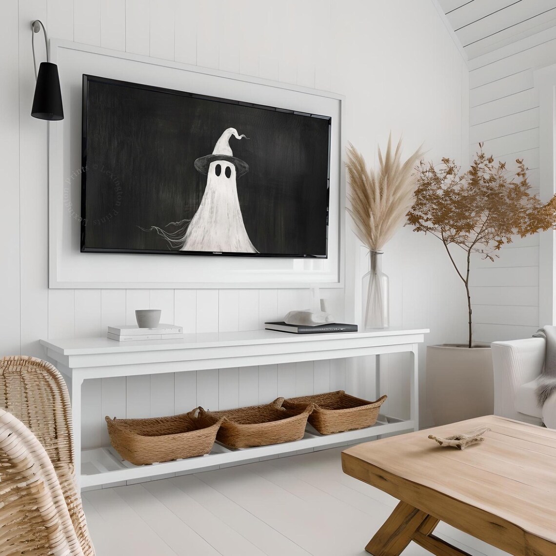 Cute Ghost Wearing Witch Hat Black Background Minimal Halloween Frame TV Art Poster - Image 4