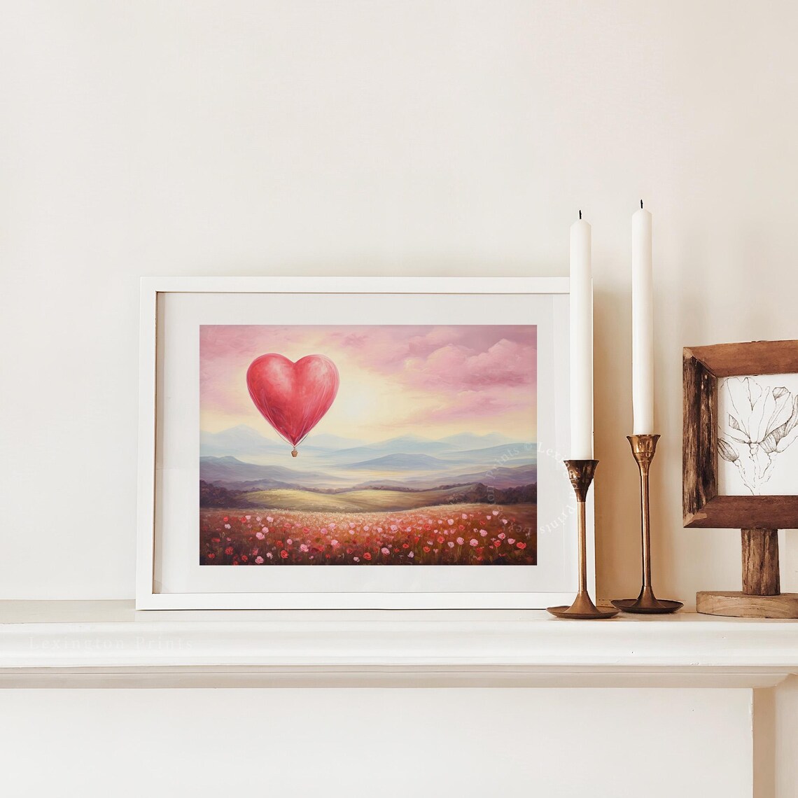 Red Heart Hot Air Balloon Floating Over Pink Flower Field Art Print - Image 3