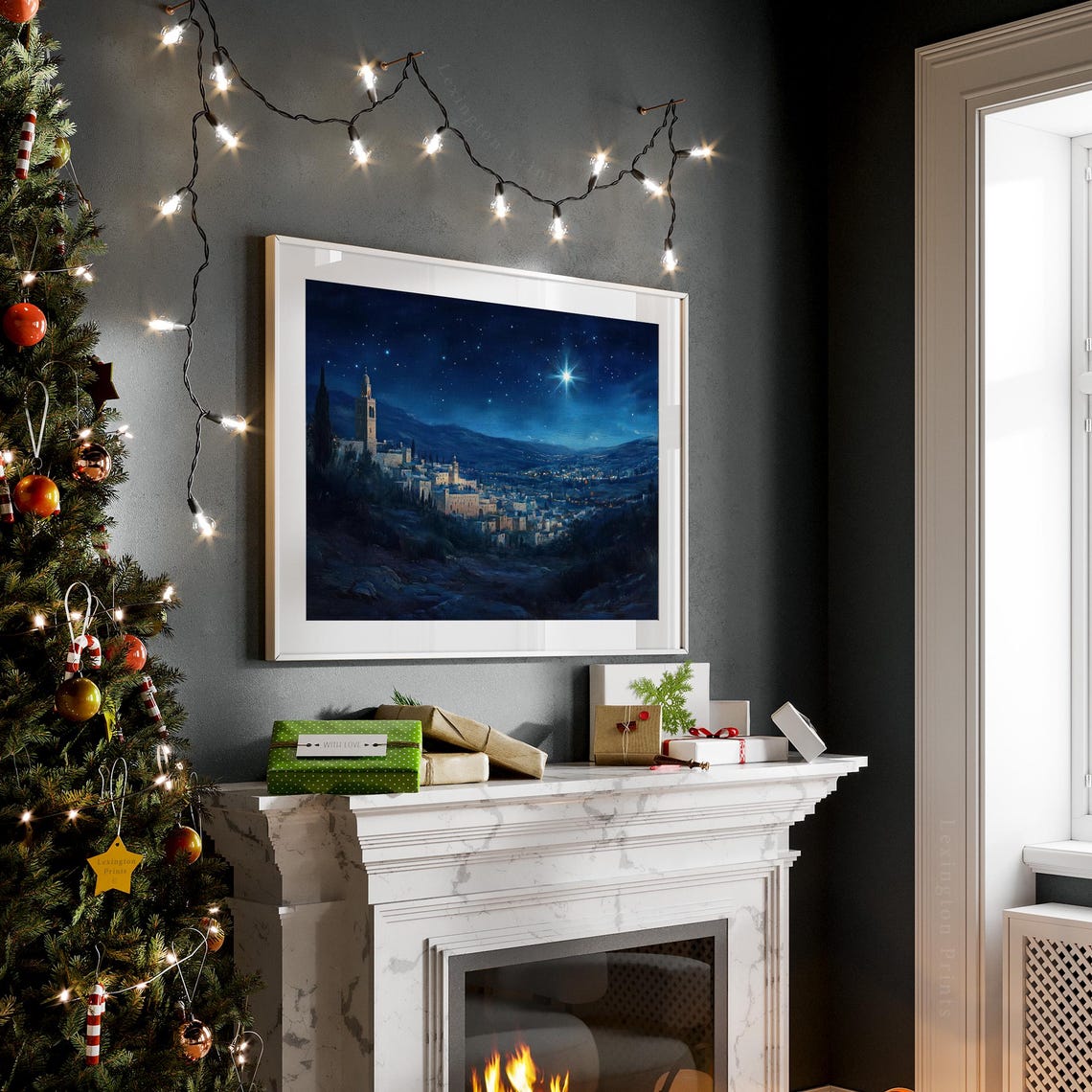 Bethlehem Starry Night Nativity Town Christmas Painting Poster - Image 2