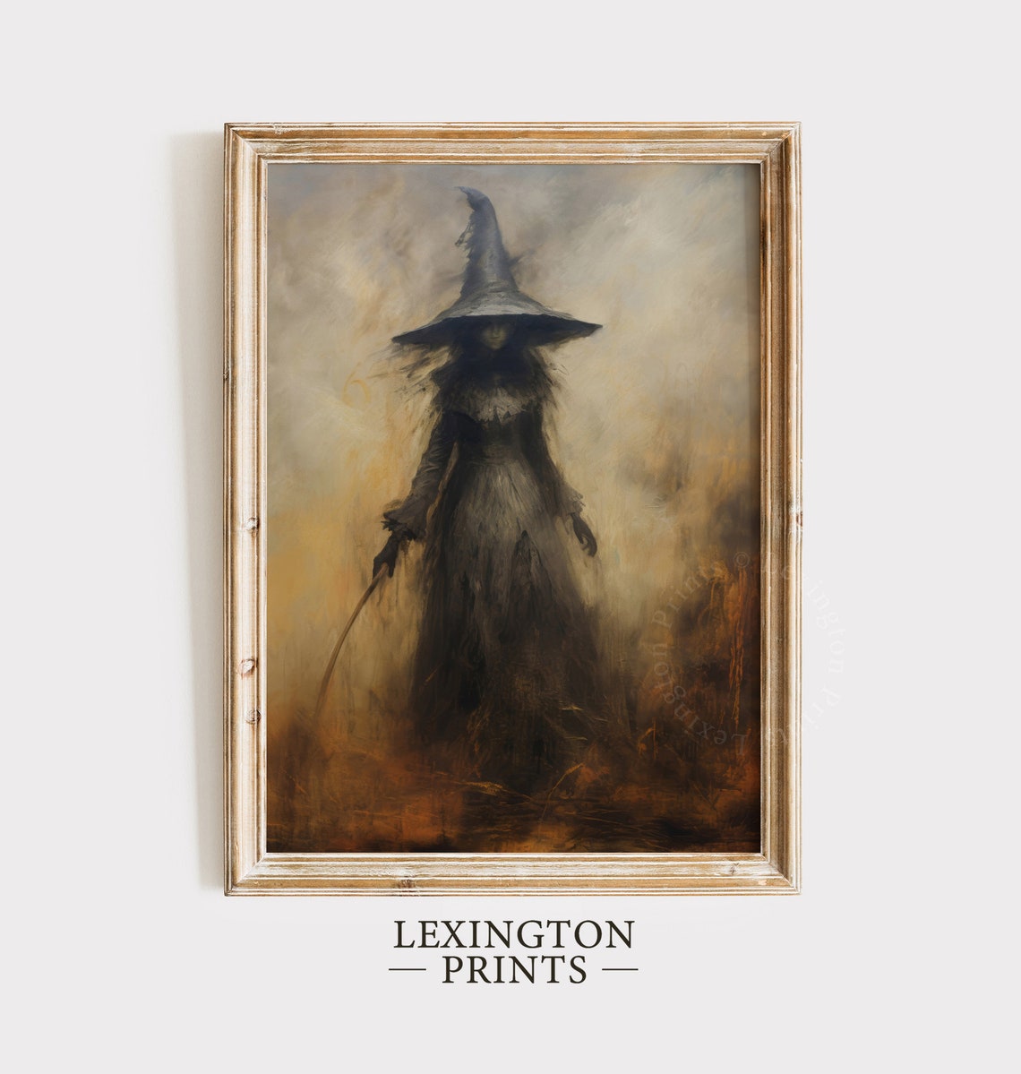 Shadowy Tall-Hatted Witch Walking Through Misty Golden Field Poster - Image 4
