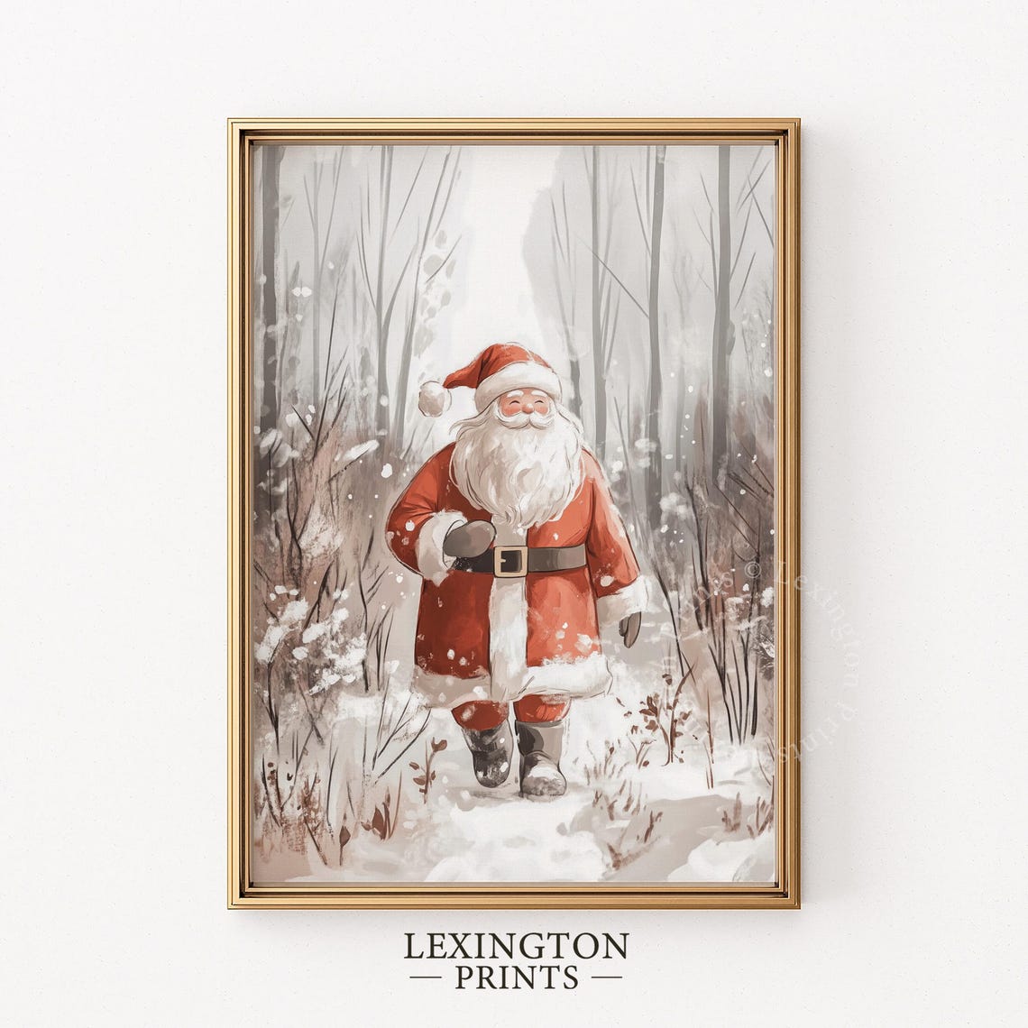 Santa Claus Strolling Through Snowy Birch Forest Christmas Wall Art - Image 6