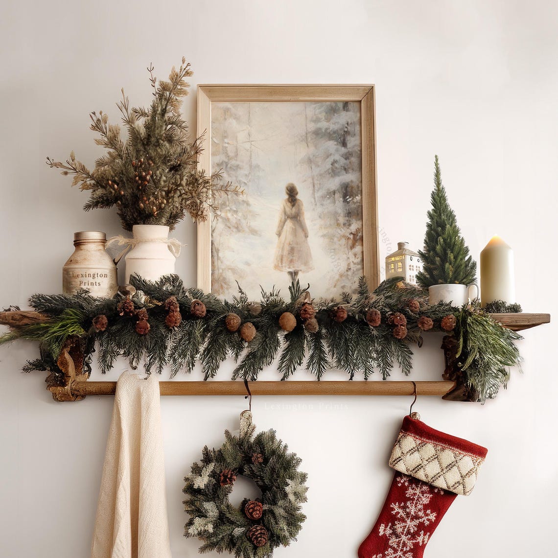 Woman in White Dress Walking a Snowy Forest Path Winter Poster - Image 6