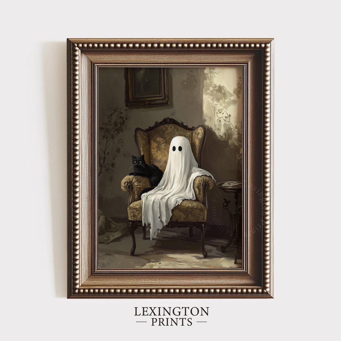 Ghost Sitting in Antique Armchair with Black Cat Moody Halloween Poster - Image 8