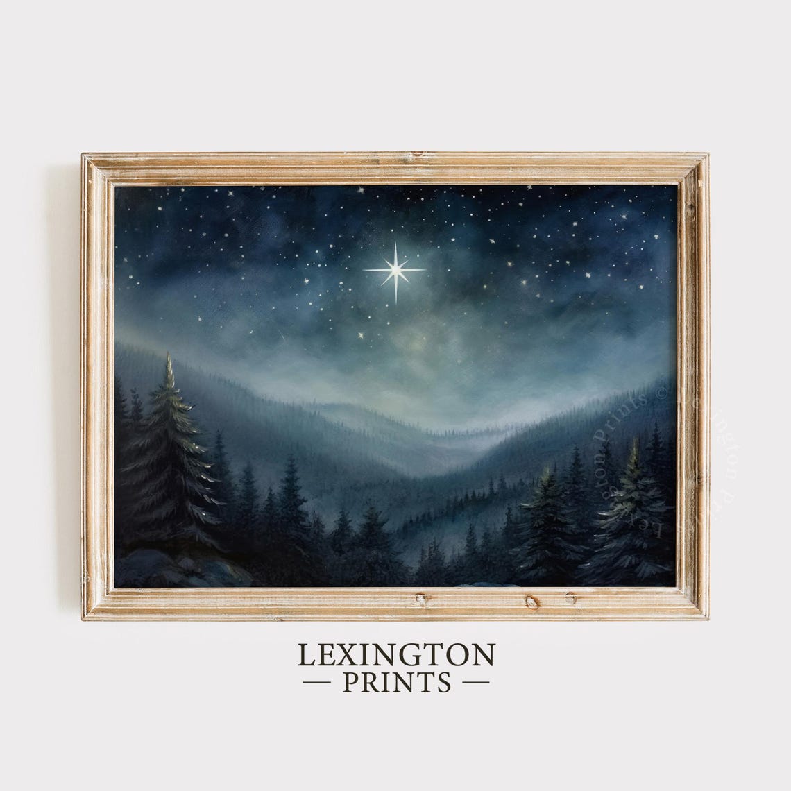 Starry Night Sky With Bright Star Over Forest Mountains Art Print - Image 3