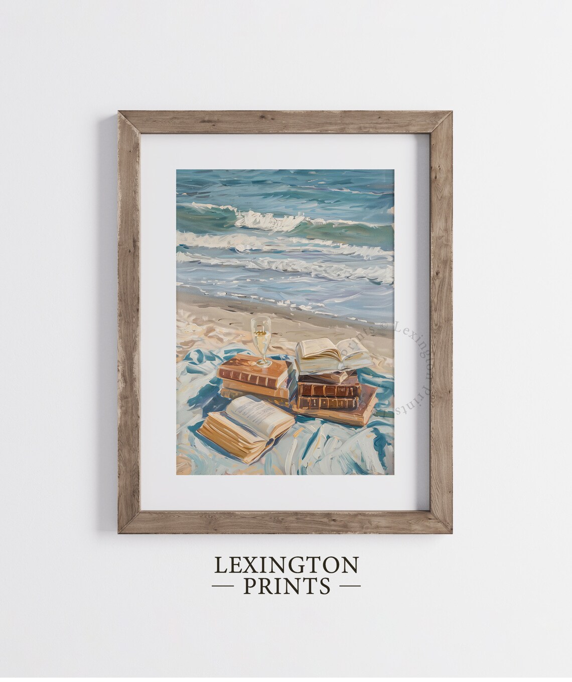 Books and Wine on the Beach Coastal Summer Oil Painting Poster - Image 2