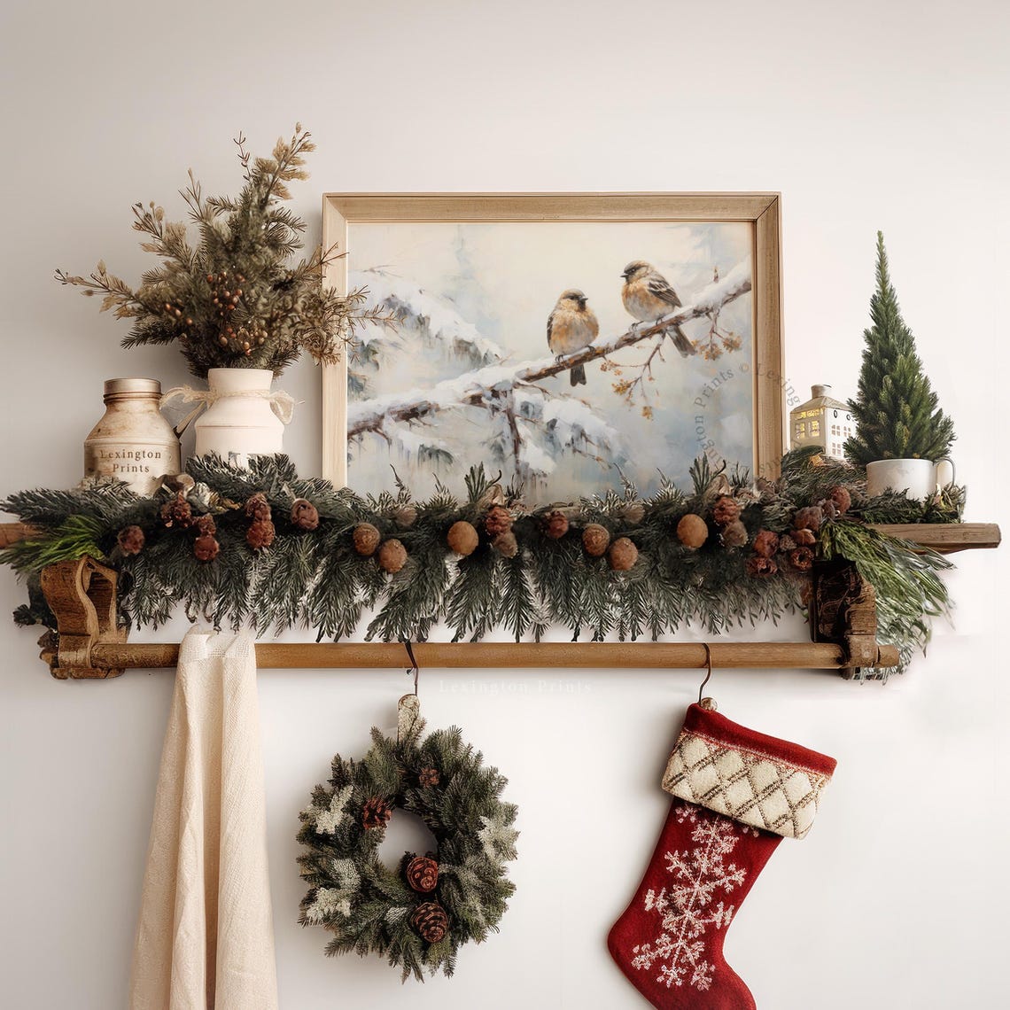 Two Fluffy Songbirds Resting on Snowy Pine Branch Winter Poster - Image 6