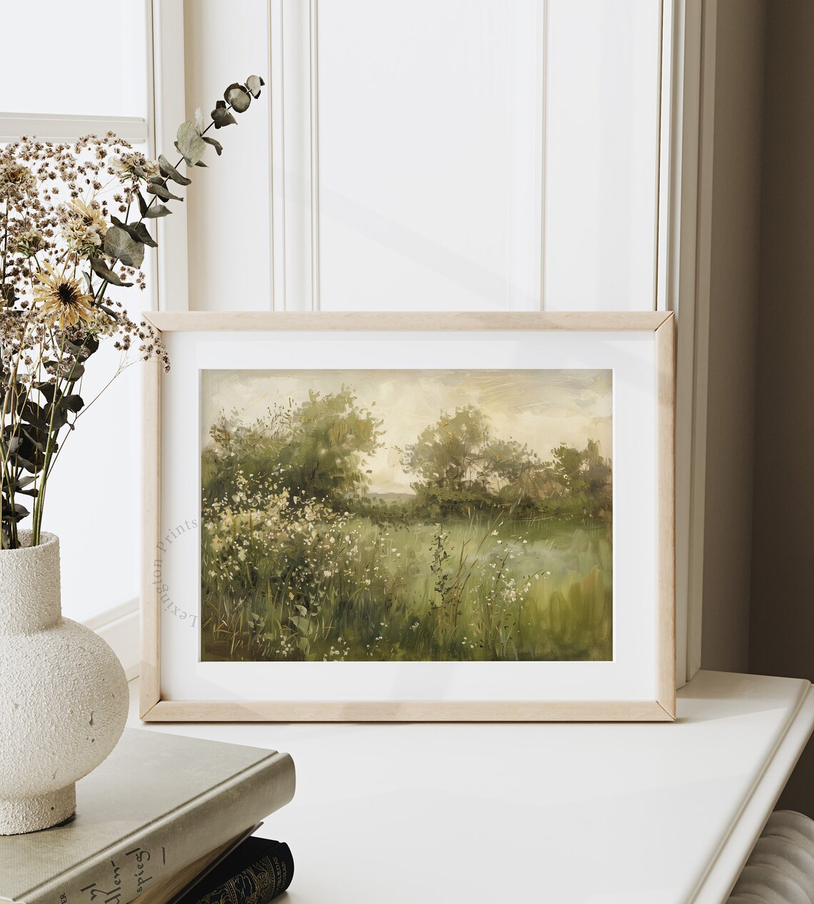Green Summer Meadow with Wildflowers and Trees Peaceful Wall Art - Image 4