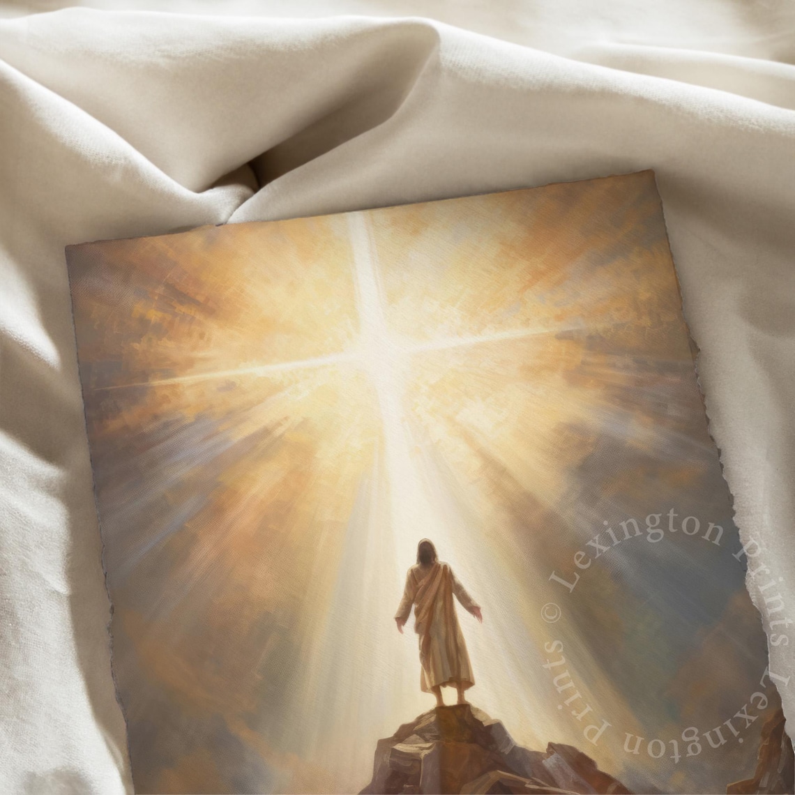 Jesus Christ Standing On Mountain Radiant Cross Golden Sky Christian Poster - Image 7