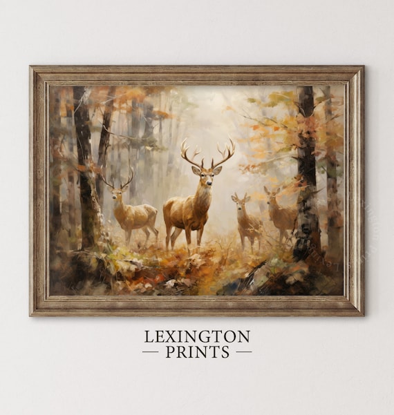 Deer Family in Misty Autumn Forest Rustic Fall Wildlife Wall Art