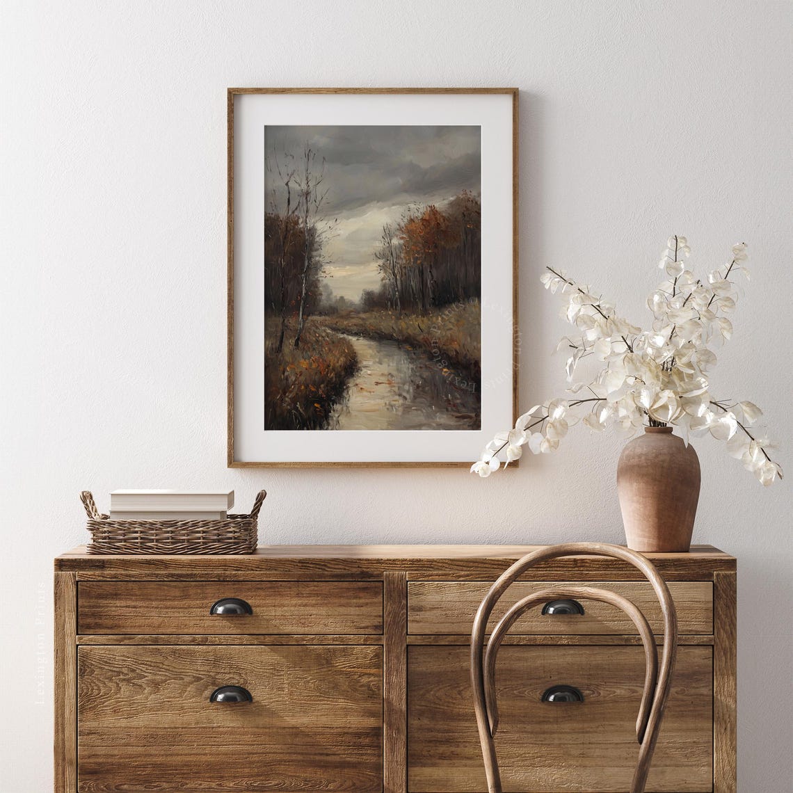 Misty Stream Through Autumn Woods Stormy Sky Oil Painting Poster - Image 7