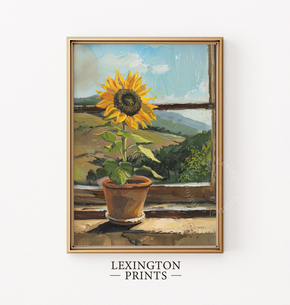 Potted Sunflower Painting Sunny Windowsill Rolling Hills Farmhouse Poster - Image 6