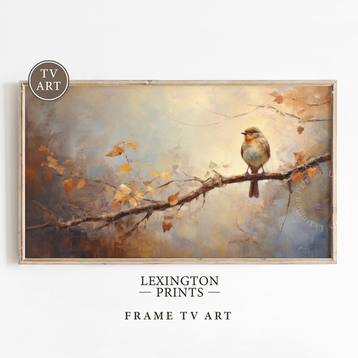 Autumn Robin Bird on Branch Golden Leaves Misty Fall Frame TV Poster