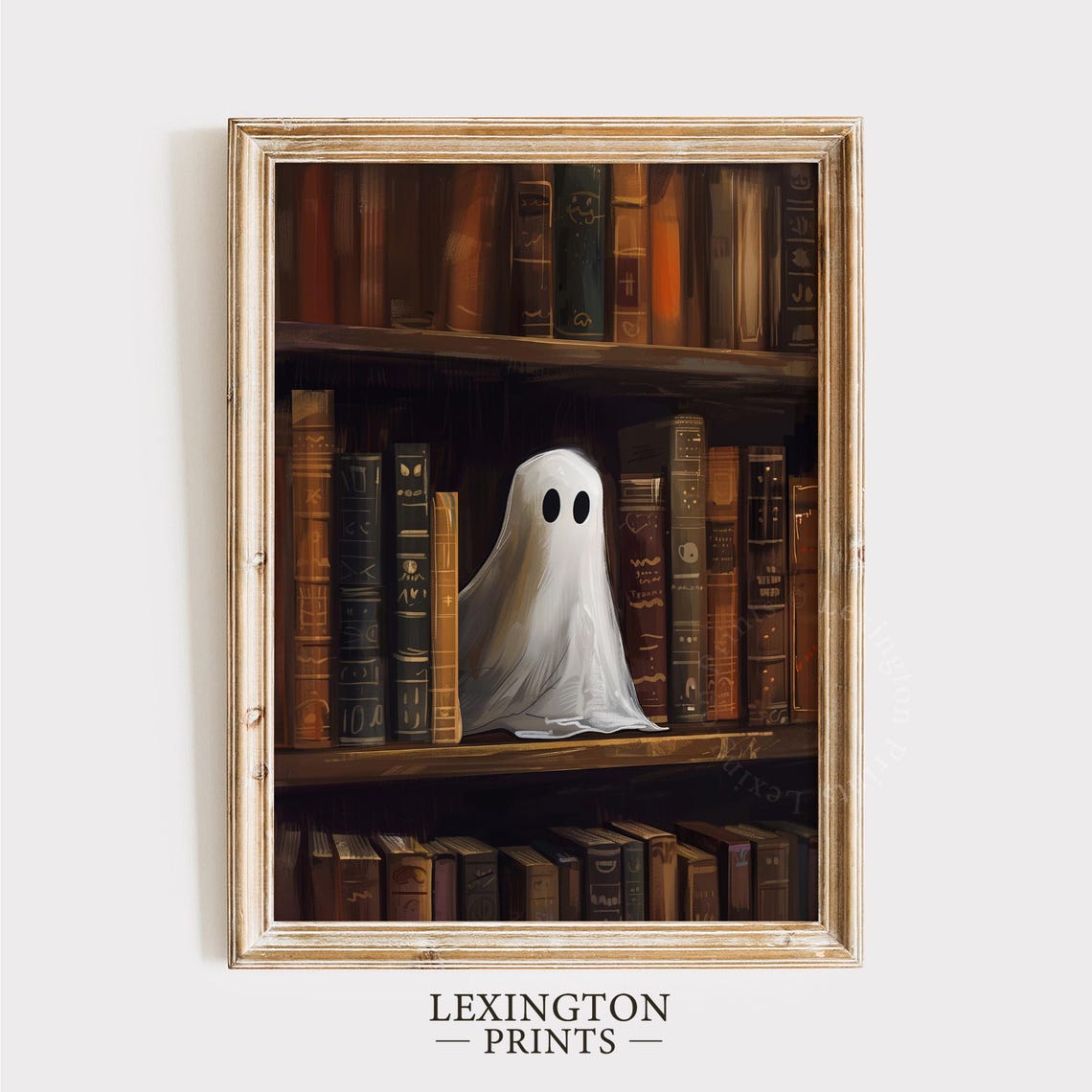 Little Ghost on Old Library Bookshelf Vintage Halloween Wall Art