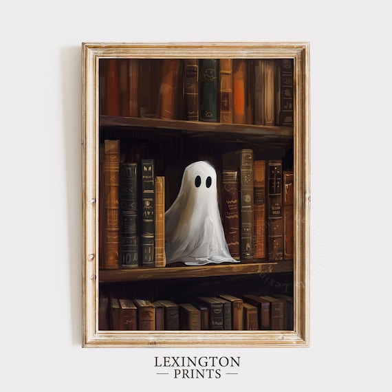 Little Ghost on Old Library Bookshelf Vintage Halloween Wall Art