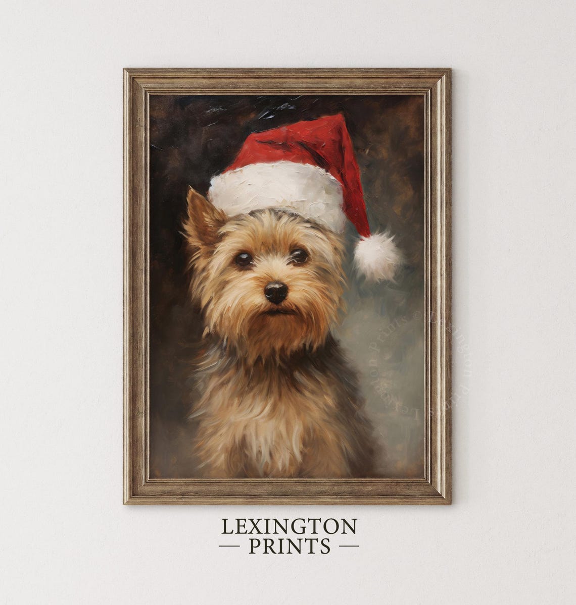 Small Dog in a Santa Hat Vintage Christmas Oil Painting Poster - Image 2
