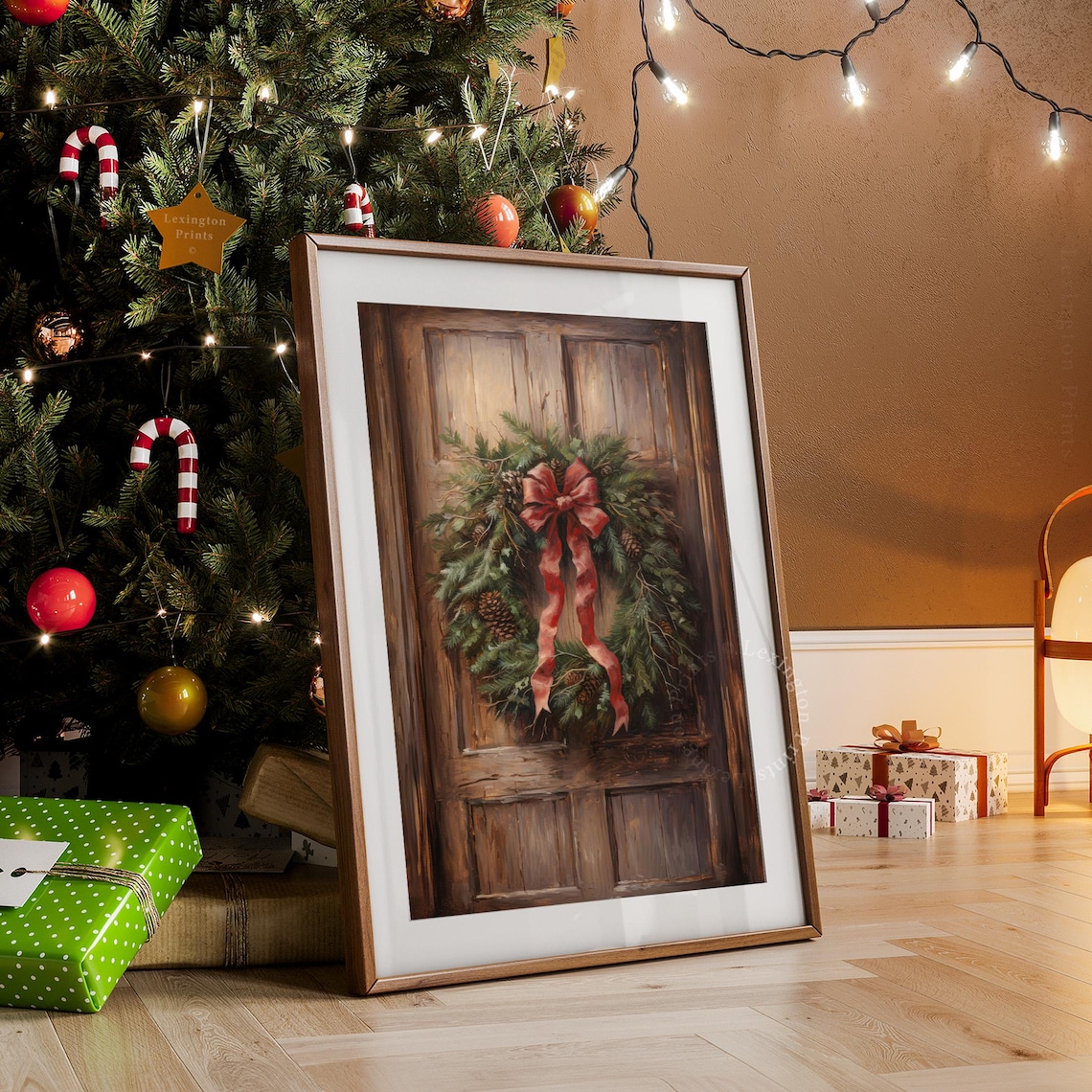 Christmas Wreath with Red Velvet Bow on Rustic Wooden Door Poster - Image 7