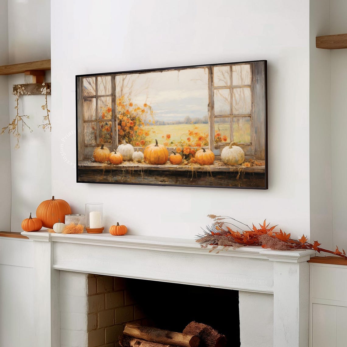 Pumpkins on Rustic Window Sill with Autumn Flowers Fall Harvest Poster - Image 7
