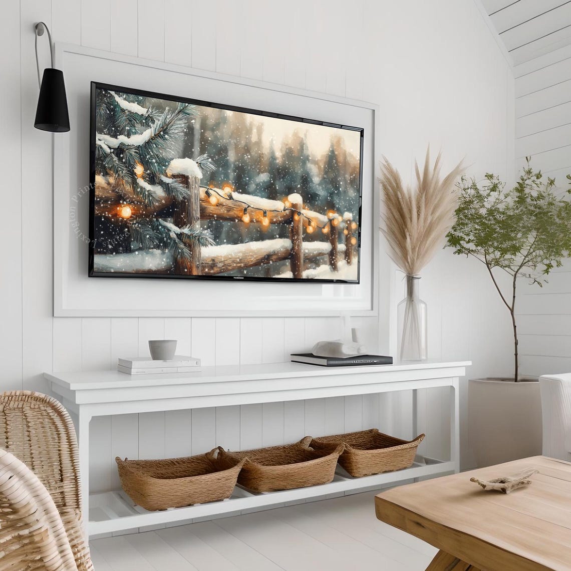 Snowy Wooden Fence with Warm String Lights Winter Frame TV Art Poster - Image 7