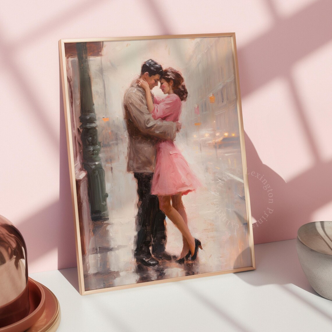 Romantic Couple Embracing in Rainy City Street Love Painting Print - Image 7