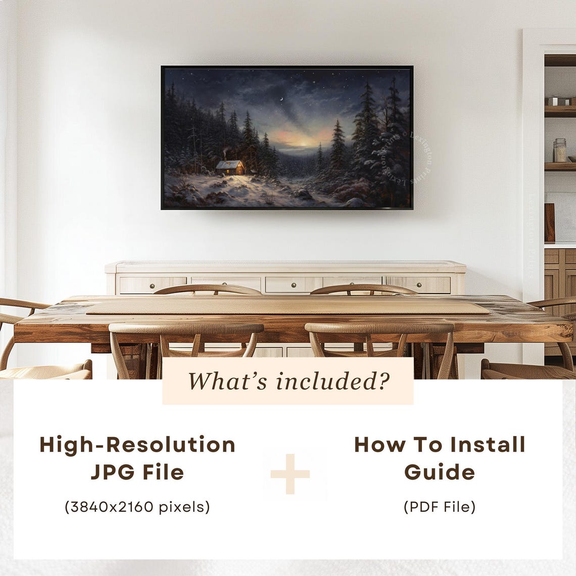 Snowy Cabin Night Forest Crescent Moon Starry Sky Frame TV Art Poster - Image 6